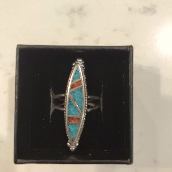 Jewelry - Turquoise and Coral Inlay Sterling Silver Marquise Ring